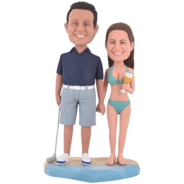 Custom Couple bobble head playing golfer on beach